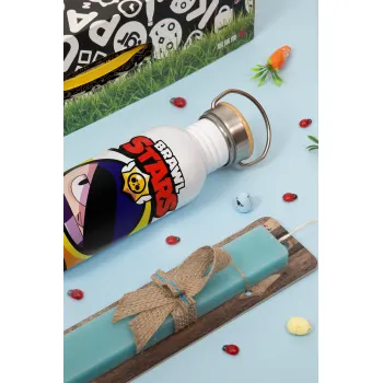 Brawl Stars Edgar, Easter Set, metallic silver aluminum water bottle (500ml) & scented flat Easter candle (30cm) (TURQUOISE)
