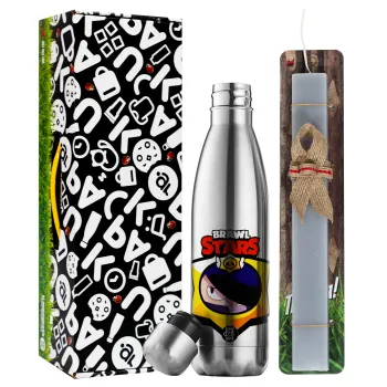 Brawl Stars Edgar, Easter Set, metallic stainless thermos flask (500ml) & scented flat Easter candle (30cm) (GRAY)
