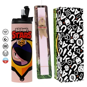 Brawl Stars Edgar, Easter candle,Travel Tumbler 2 Lids, with metal straw & cleaning brush & aromatic flat candle (30cm) (PINK)
