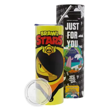 Brawl Stars Edgar, Neon Yellow Travel Tumbler θερμό, μεταλλικό καλαμάκι(Ανωξείδωτο 304 Food grade, BPA free, 600ml)