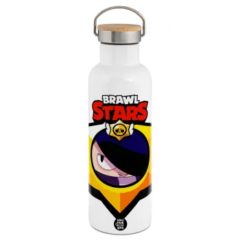 Brawl Stars Edgar, Μεταλλικό παγούρι θερμός (Stainless steel) Λευκό με ξύλινο καπάκι (bamboo), διπλού τοιχώματος, 750ml