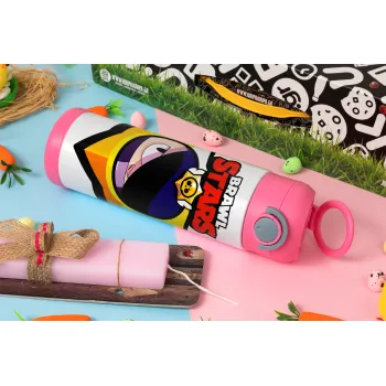 Brawl Stars Edgar, Πασχαλινή Λαμπάδα με Παιδικό παγούρι θερμό, ανοξείδωτο, με καλαμάκι ασφαλείας, ΡΟΖ (500ml)