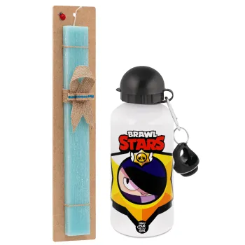 Brawl Stars Edgar, Easter Set, metallic aluminum water bottle (500ml) & scented flat candle (30cm) (TURQUOISE)