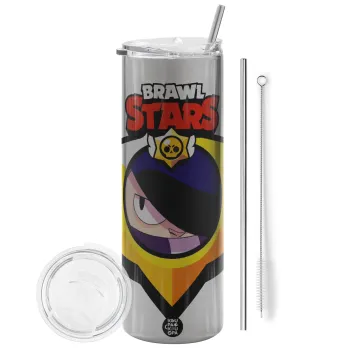 Brawl Stars Edgar, Tumbler ποτήρι θερμό Ασημένιο από ανοξείδωτο ατσάλι 600ml, με μεταλλικό καλαμάκι & βούρτσα καθαρισμού