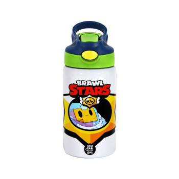 Brawl Stars Sprout, Children's hot water bottle, stainless steel, with safety straw, green, blue (350ml)