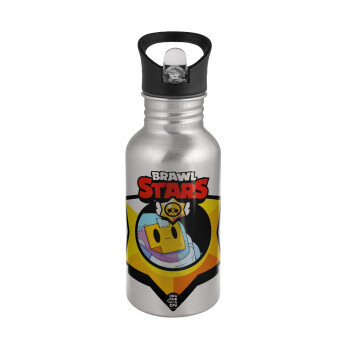 Brawl Stars Sprout, Water bottle Silver with straw, stainless steel 500ml