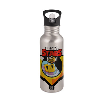 Brawl Stars Sprout, Water bottle Silver with straw, stainless steel 600ml