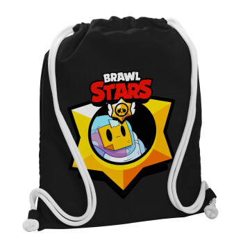 Brawl Stars Sprout, Τσάντα πλάτης πουγκί GYMBAG Μαύρη, με τσέπη (40x48cm) & χονδρά λευκά κορδόνια