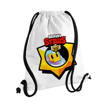 Brawl Stars Sprout, Τσάντα πλάτης πουγκί GYMBAG λευκή, με τσέπη (40x48cm) & χονδρά κορδόνια