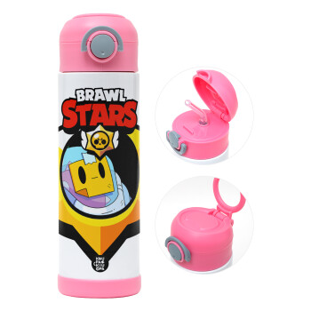 Brawl Stars Sprout, Children's hot water bottle, stainless steel, with safety straw, PINK (500ml)