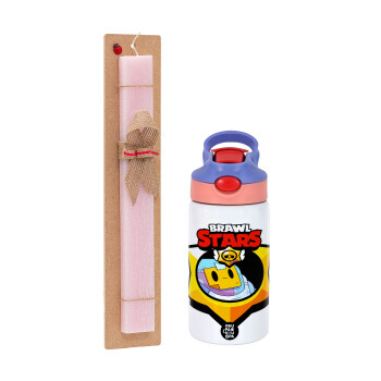 Brawl Stars Sprout, Easter Set, Children's thermal stainless steel water bottle with safety straw, pink/purple (350ml) & Easter scented flat candle (30cm) (PINK)