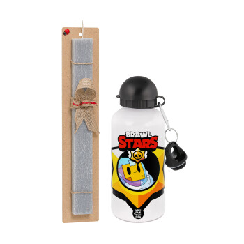 Brawl Stars Sprout, Easter Set, metallic aluminum water bottle (500ml) & aromatic flat Easter candle (30cm) (GRAY)