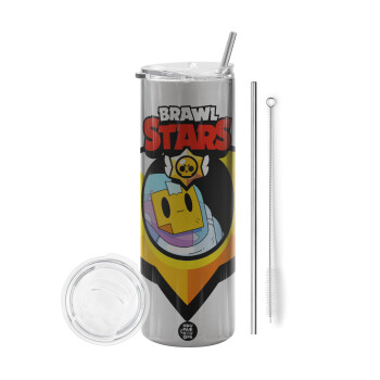 Brawl Stars Sprout, Eco friendly stainless steel Silver tumbler 600ml, with metal straw & cleaning brush
