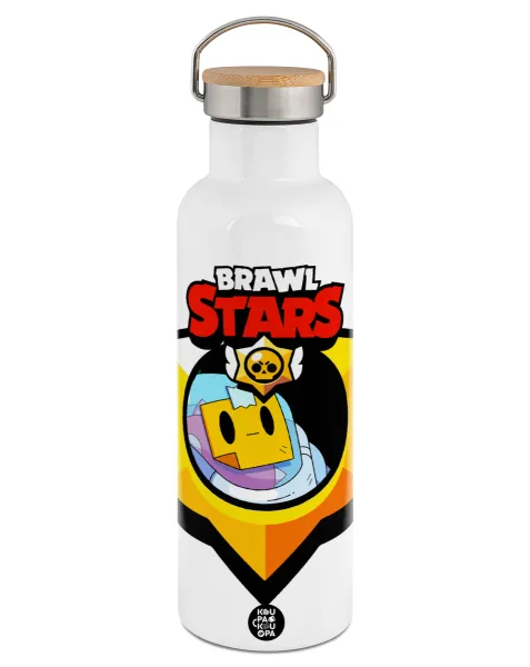Brawl Stars Sprout — Stainless steel White with wooden lid (bamboo), double wall, 750ml