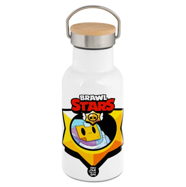Brawl Stars Sprout — Metallic thermos (Stainless steel) White with wooden lid (bamboo), double-walled, 350ml