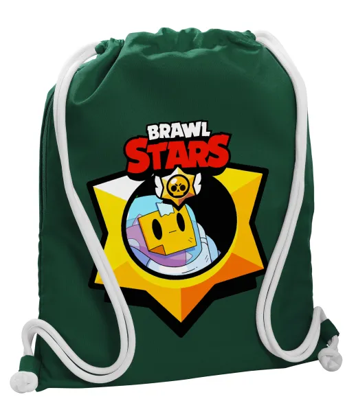 Brawl Stars Sprout — Backpack pouch GYMBAG BOTTLE GREEN, with pocket (40x48cm) & thick white cords