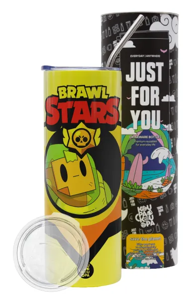 Brawl Stars Sprout — Neon Yellow Travel Tumbler, with metal straw (Stainless steel 304 Food grade, BPA free, 600ml)