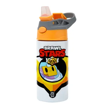 Brawl Stars Sprout, Children's hot water bottle, stainless steel, with safety straw, Orange/Grey (360ml) BPA-FREE