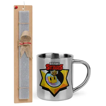 Brawl Stars Sprout, Easter Set, metallic thermal cup (300ml) & Easter aromatic flat candle (30cm) (GRAY)