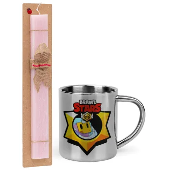 Brawl Stars Sprout, Easter Set, metallic thermal cup (300ml) & aromatic flat Easter candle (30cm) (PINK)