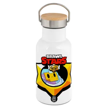 Brawl Stars Sprout, Μεταλλικό παγούρι θερμός (Stainless steel) Λευκό με ξύλινο καπακι (bamboo), διπλού τοιχώματος, 350ml