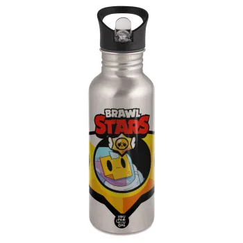 Brawl Stars Sprout, Παγούρι νερού Ασημένιο με καλαμάκι, ανοξείδωτο ατσάλι 600ml