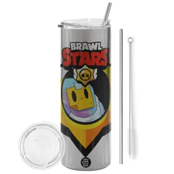 Brawl Stars Sprout, Tumbler ποτήρι θερμό Ασημένιο από ανοξείδωτο ατσάλι 600ml, με μεταλλικό καλαμάκι & βούρτσα καθαρισμού