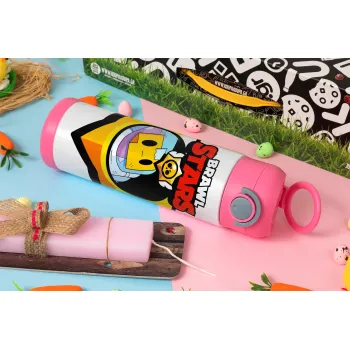 Brawl Stars Sprout, Easter candle, Childrens hot water bottle, stainless steel, with safety straw, PINK (500ml)