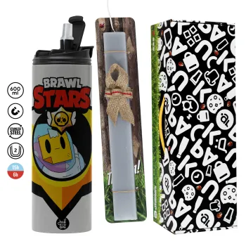 Brawl Stars Sprout, Easter candle with Grey Tumbler Thermo 600ml & aromatic flat candle (30cm) (GREY)