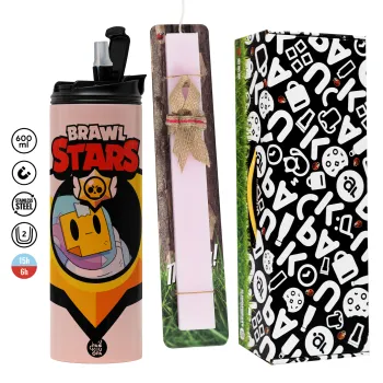 Brawl Stars Sprout, Easter candle,Travel Tumbler 2 Lids, with metal straw & cleaning brush & aromatic flat candle (30cm) (PINK)