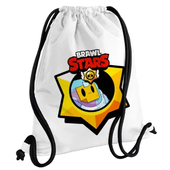 Brawl Stars Sprout, Τσάντα πλάτης πουγκί GYMBAG λευκή, με τσέπη (40x48cm) & χονδρά κορδόνια
