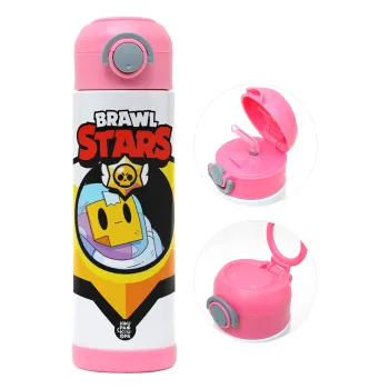 Brawl Stars Sprout, Παιδικό παγούρι θερμό, ανοξείδωτο, με καλαμάκι ασφαλείας, ΡΟΖ (500ml)