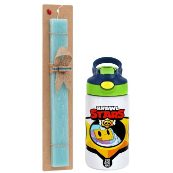 Brawl Stars Sprout, Easter Set, Children's thermal stainless steel bottle with safety straw, green/blue (350ml) & aromatic flat Easter candle (30cm) (TURQUOISE)