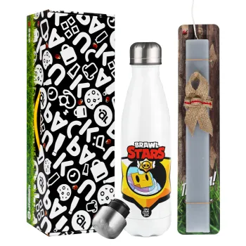 Brawl Stars Sprout, Easter candle, metallic white thermos bottle (500ml) & aromatic flat candle (30cm) (GRAY)