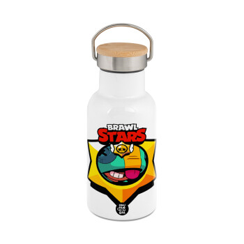 Brawl Stars Leon, Μεταλλικό παγούρι θερμός (Stainless steel) Λευκό με ξύλινο καπακι (bamboo), διπλού τοιχώματος, 350ml