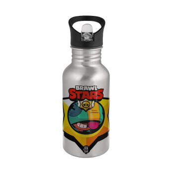 Brawl Stars Leon, Water bottle Silver with straw, stainless steel 500ml