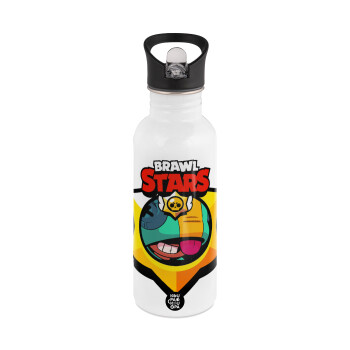 Brawl Stars Leon, White water bottle with straw, stainless steel 600ml
