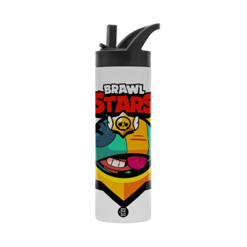 Brawl Stars Leon, Metallic thermos bottle with straw & handle, stainless steel (Stainless steel 304), double-walled, 600ml.