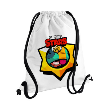 Brawl Stars Leon, Τσάντα πλάτης πουγκί GYMBAG λευκή, με τσέπη (40x48cm) & χονδρά κορδόνια
