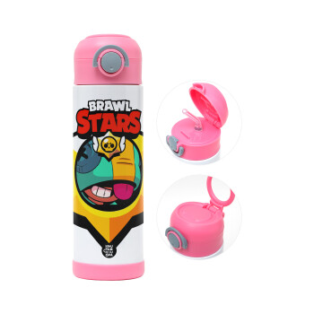 Brawl Stars Leon, Children's hot water bottle, stainless steel, with safety straw, PINK (500ml)