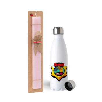 Brawl Stars Leon, Easter Set, metallic stainless steel water bottle (750ml) & scented flat Easter candle (30cm) (PINK)