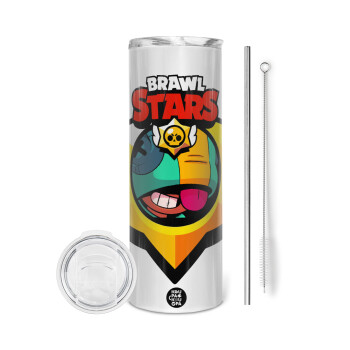 Brawl Stars Leon, Tumbler ποτήρι θερμό από ανοξείδωτο ατσάλι 600ml, με μεταλλικό καλαμάκι & βούρτσα καθαρισμού