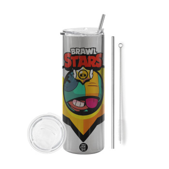 Brawl Stars Leon, Eco friendly stainless steel Silver tumbler 600ml, with metal straw & cleaning brush