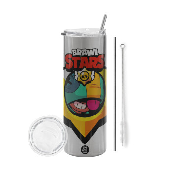 Brawl Stars Leon, Tumbler stainless steel Silver 600ml, with metal straw & cleaning brush