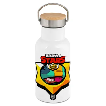 Brawl Stars Leon, Metallic thermos (Stainless steel) White with wooden lid (bamboo), double-walled, 350ml