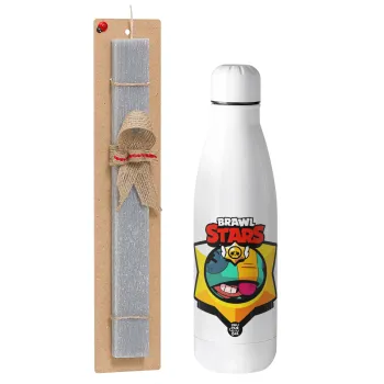 Brawl Stars Leon, Easter Set, metallic stainless thermos bottle (500ml) & scented flat Easter candle (30cm) (GRAY)