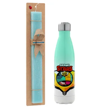 Brawl Stars Leon, Easter Set, Metallic green/white thermos (Stainless steel), double-walled, 500ml & scented flat Easter candle (30cm) (TURQUOISE)