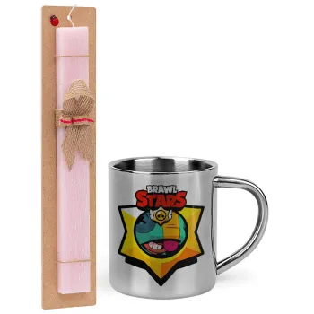 Brawl Stars Leon, Easter Set, metallic thermal cup (300ml) & aromatic flat Easter candle (30cm) (PINK)