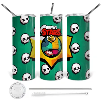 Brawl Stars Leon, Tumbler ποτήρι θερμό από ανοξείδωτο ατσάλι 600ml, με μεταλλικό καλαμάκι & βούρτσα καθαρισμού