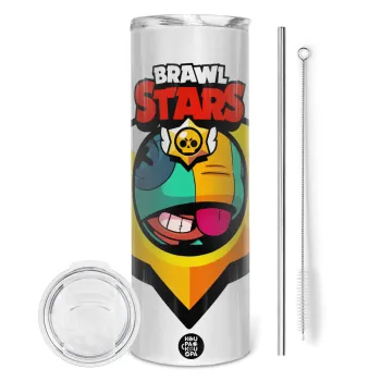 Brawl Stars Leon, Tumbler ποτήρι θερμό από ανοξείδωτο ατσάλι 600ml, με μεταλλικό καλαμάκι & βούρτσα καθαρισμού